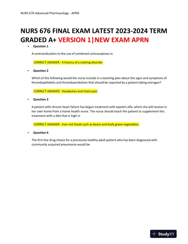 2023-2024 NURS676 Pharmacology Final Exam With Answers (101 Solved Questions) - Page 1 preview image