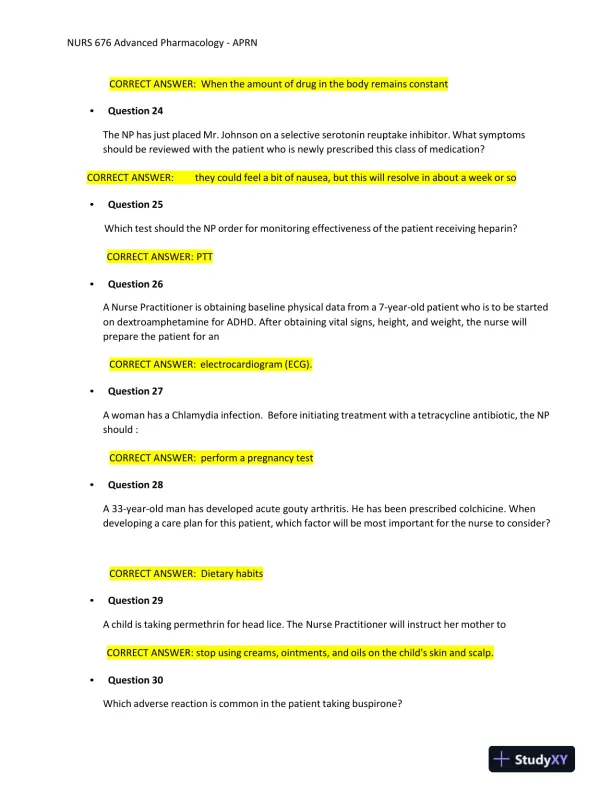 2023-2024 NURS676 Pharmacology Final Exam With Answers (101 Solved Questions) - Page 6 preview image