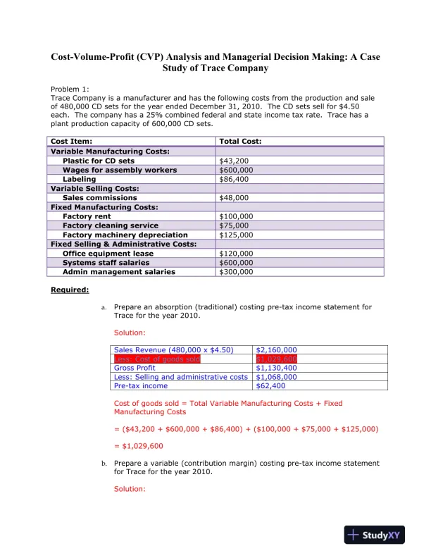 Cost-Volume-Profit (CVP) Analysis and Managerial Decision Making: A Case Study of Trace Company - Page 1 preview image