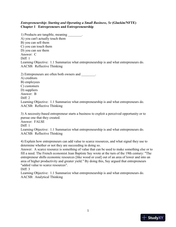 Test Bank for Entrepreneurship: Starting and Operating A Small Business, 5th Edition - Page 3 preview image