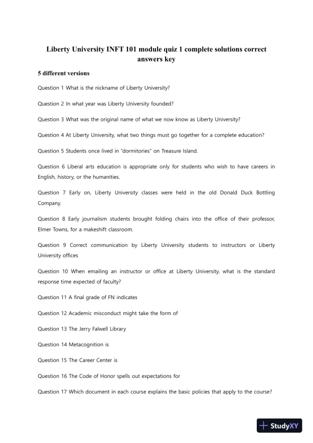 Liberty University INFT 101 module Quiz 1 Complete Solutions Correct Answers Key - Page 1 preview image