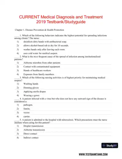 CURRENT Medical Diagnosis and Treatment 2019 58th Edition Test Bank - Page 1 preview image