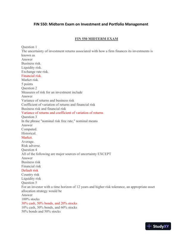 FIN 550: Midterm Exam on Investment and Portfolio Management - Page 1 preview image