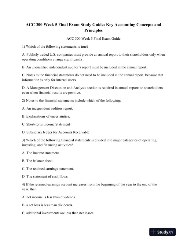 ACC 300 Week 5 Final Exam Study Guide: Key Accounting Concepts and Principles - Page 1 preview image