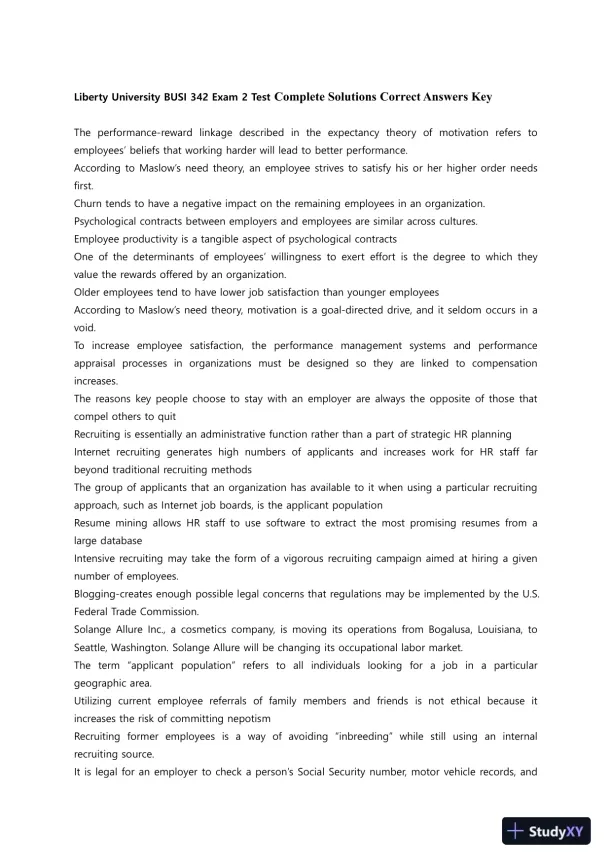 Liberty University BUSI 342 Exam 2 Test Complete Solutions Correct Answers Key - Page 1 preview image