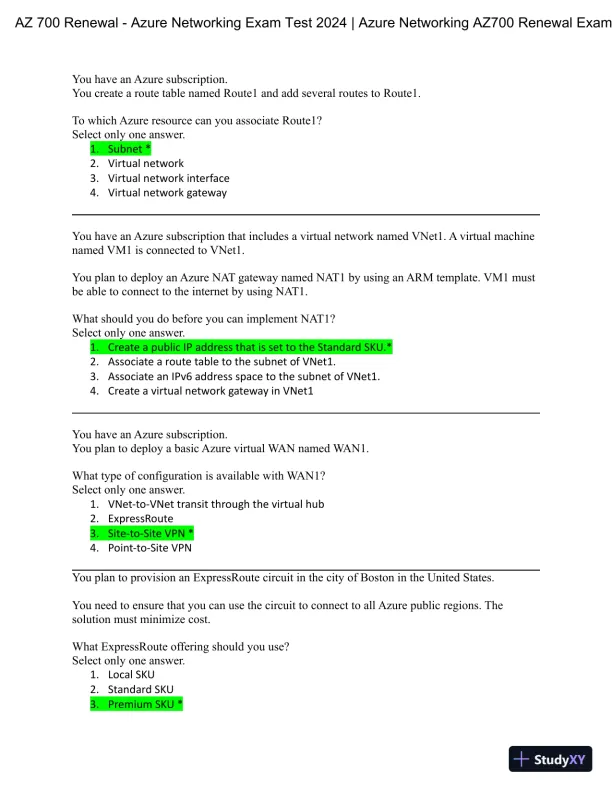 2024 AZ 700 Renewal Azure Networking Practice Exam with Answers (47 Solved Questions) - Page 1 preview image