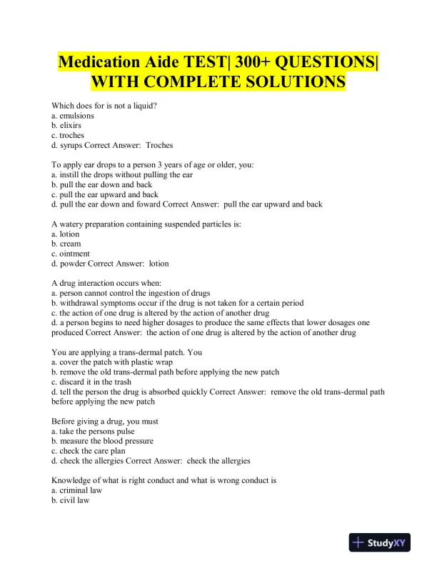 Aide Testing Pharmacology Practice Exam With Answers (315 Solved Questions) - Page 1 preview image