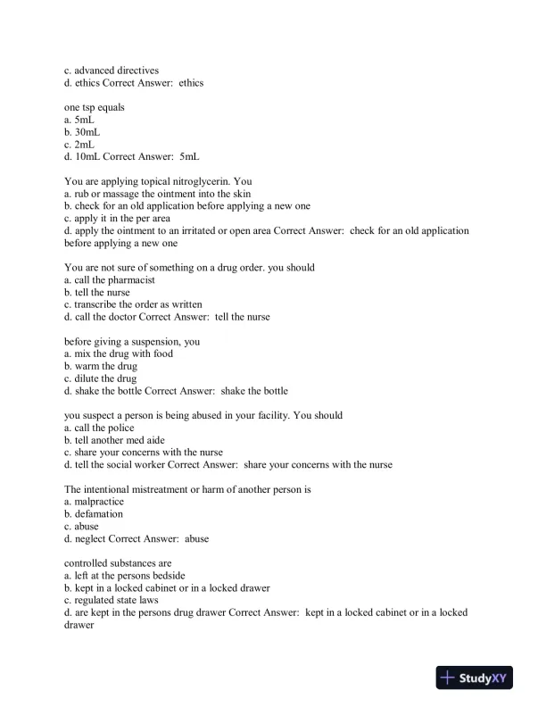 Aide Testing Pharmacology Practice Exam With Answers (315 Solved Questions) - Page 3 preview image