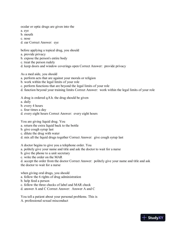 Aide Testing Pharmacology Practice Exam With Answers (315 Solved Questions) - Page 4 preview image