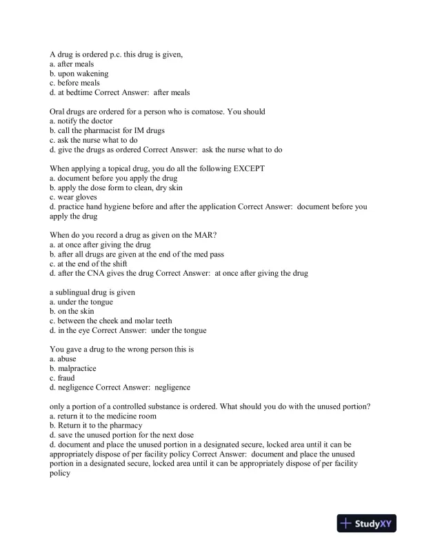 Aide Testing Pharmacology Practice Exam With Answers (315 Solved Questions) - Page 8 preview image