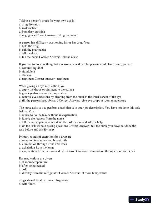 Aide Testing Pharmacology Practice Exam With Answers (315 Solved Questions) - Page 9 preview image