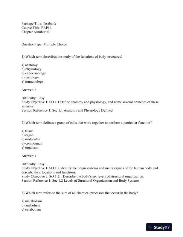 Test Bank For Principles Of Anatomy And Physiology, 13th Edition - Page 1 preview image