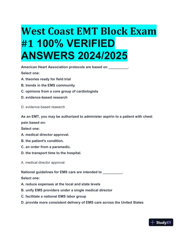 2024-2025 West Coast EMT Block Exam #1 with Answers (222 Solved Questions) - Page 1 preview image