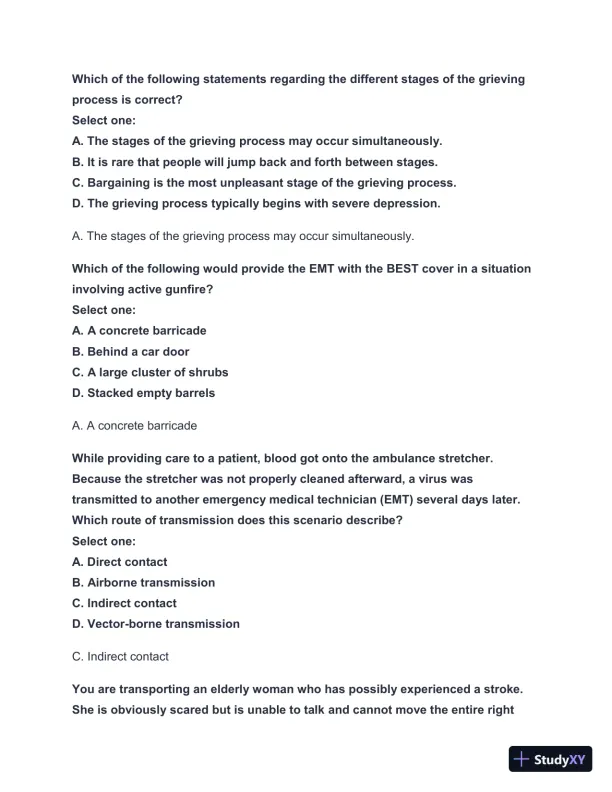 2024-2025 West Coast EMT Block Exam #1 with Answers (222 Solved Questions) - Page 13 preview image
