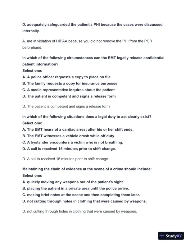 2024-2025 West Coast EMT Block Exam #1 with Answers (222 Solved Questions) - Page 15 preview image