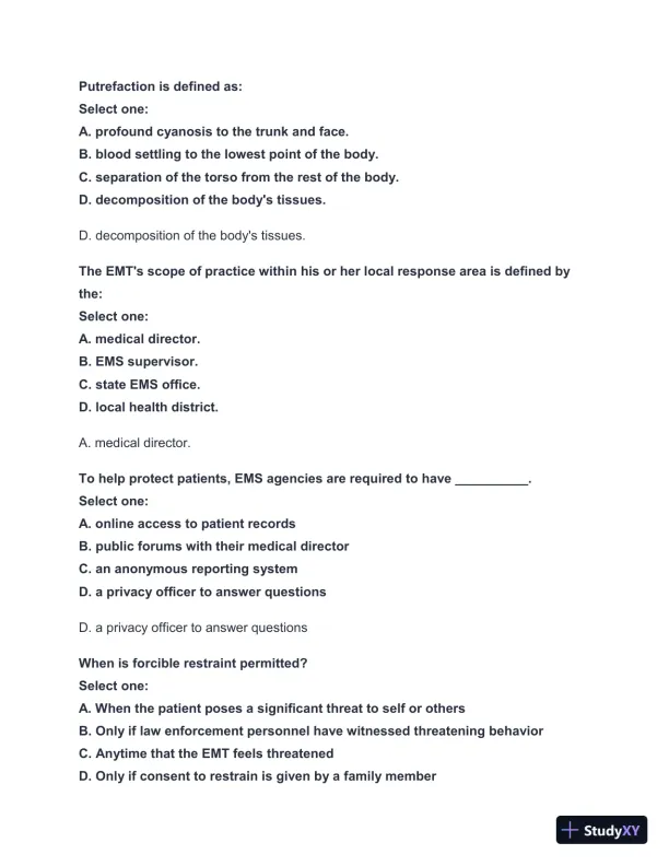 2024-2025 West Coast EMT Block Exam #1 with Answers (222 Solved Questions) - Page 16 preview image