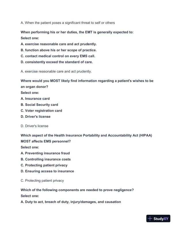2024-2025 West Coast EMT Block Exam #1 with Answers (222 Solved Questions) - Page 17 preview image