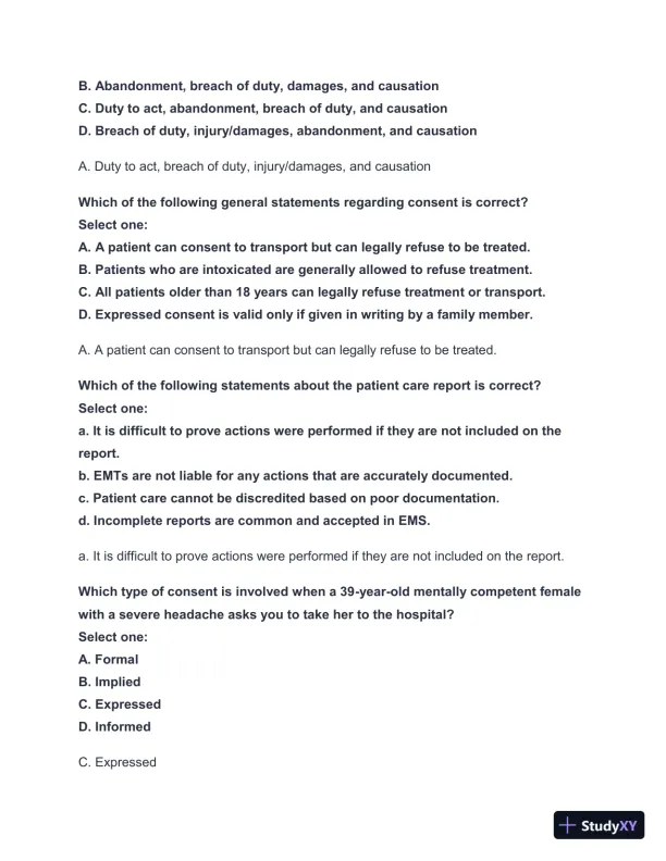 2024-2025 West Coast EMT Block Exam #1 with Answers (222 Solved Questions) - Page 18 preview image