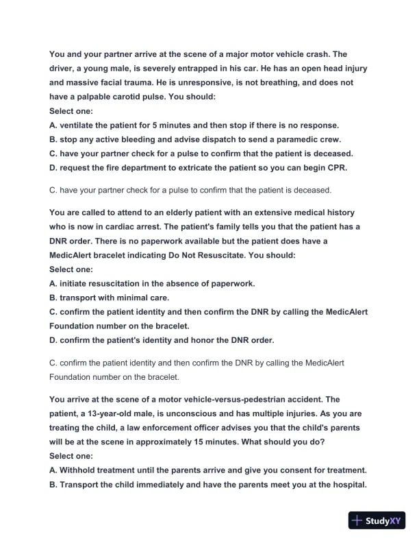 2024-2025 West Coast EMT Block Exam #1 with Answers (222 Solved Questions) - Page 19 preview image