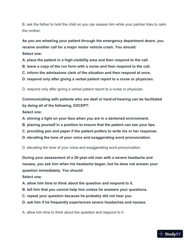 2024-2025 West Coast EMT Block Exam #1 with Answers (222 Solved Questions) - Page 21 preview image