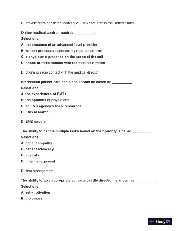2024-2025 West Coast EMT Block Exam #1 with Answers (222 Solved Questions) - Page 3 preview image