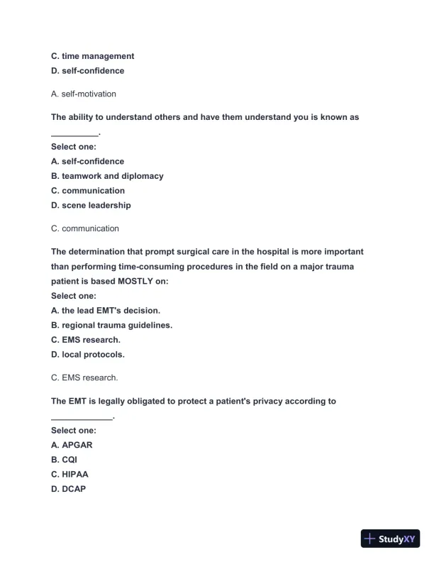 2024-2025 West Coast EMT Block Exam #1 with Answers (222 Solved Questions) - Page 4 preview image