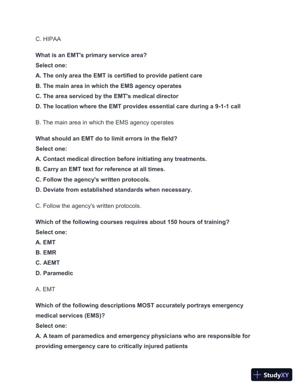 2024-2025 West Coast EMT Block Exam #1 with Answers (222 Solved Questions) - Page 5 preview image