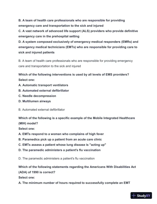 2024-2025 West Coast EMT Block Exam #1 with Answers (222 Solved Questions) - Page 6 preview image