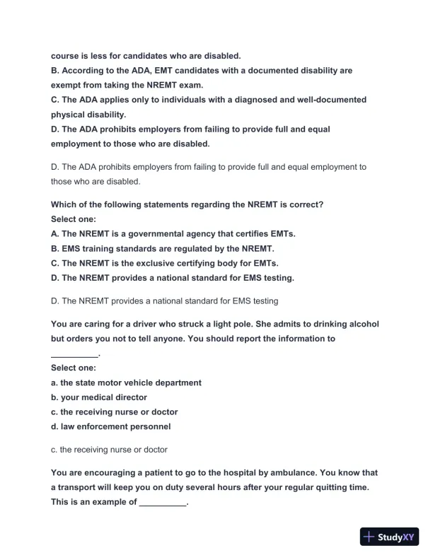 2024-2025 West Coast EMT Block Exam #1 with Answers (222 Solved Questions) - Page 7 preview image