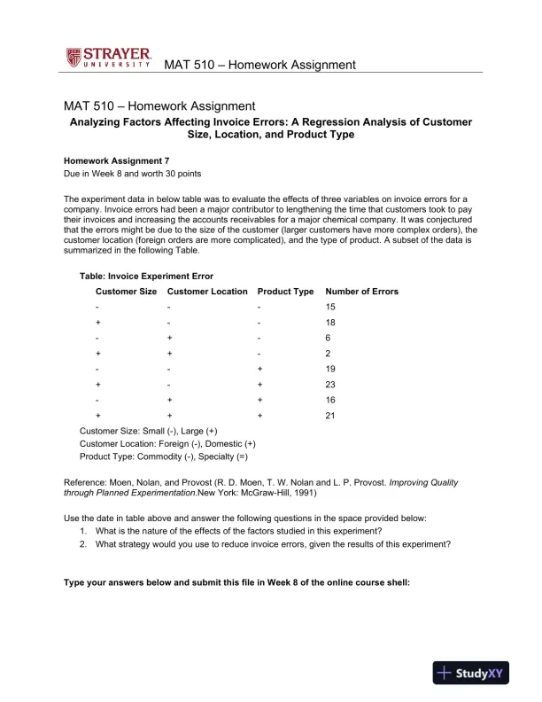 MAT 510 � Homework Assignment: Analyzing Factors Affecting Invoice Errors - StrayerUniversity - Page 1 preview image