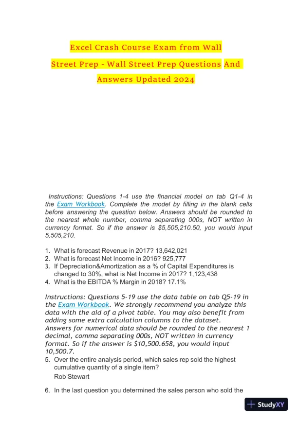 2024 Wall Street Excel Crash Course Exam Course Exam With Answers (50 Solved Questions) - Page 1 preview image