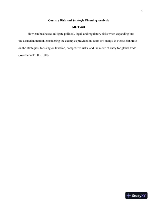 MGT 448 Country Risk and Strategic Planning Analysis - Page 1 preview image