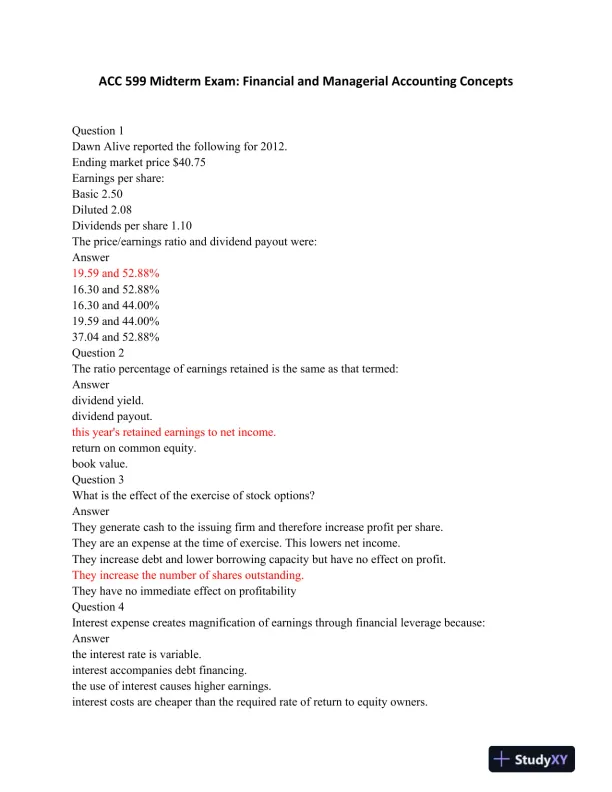 ACC 599 Midterm Exam: Financial and Managerial Accounting Concepts - Page 1 preview image