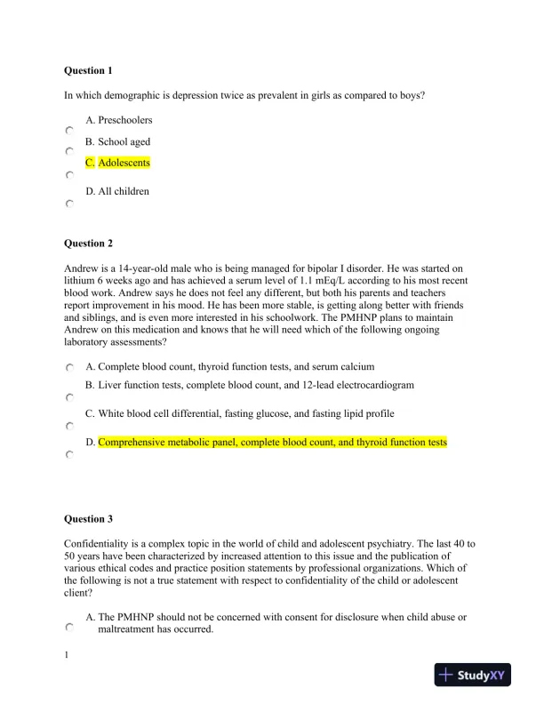 NURS6660 Walden University Psychology Final Exam With Answers (75 Solved Questions) - Page 1 preview image