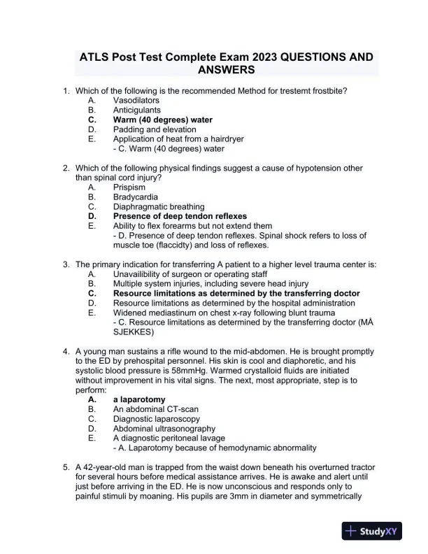 2023 ATLS Clinical analysis Practice Exam With Answers (177 Solved Questions) - Page 1 preview image
