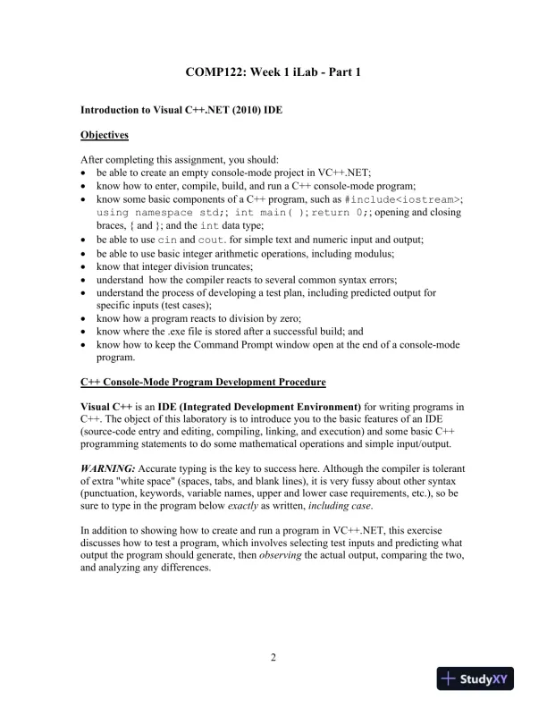 COMP122 Week 1 iLab - Introduction to Visual C++.NET and Basic Console Programming - Page 3 preview image