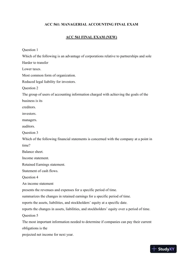 ACC 561: MANAGERIAL ACCOUNTING FINAL EXAM - Page 1 preview image