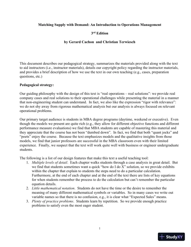 Matching Supply with Demand: An Introduction to Operations Management 3rd Edition Class Notes - Page 1 preview image