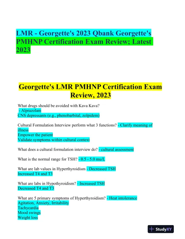 2023 LMR Mental Health PMHNP Certification Review Exam With Answers (520 Solved Questions) - Page 1 preview image