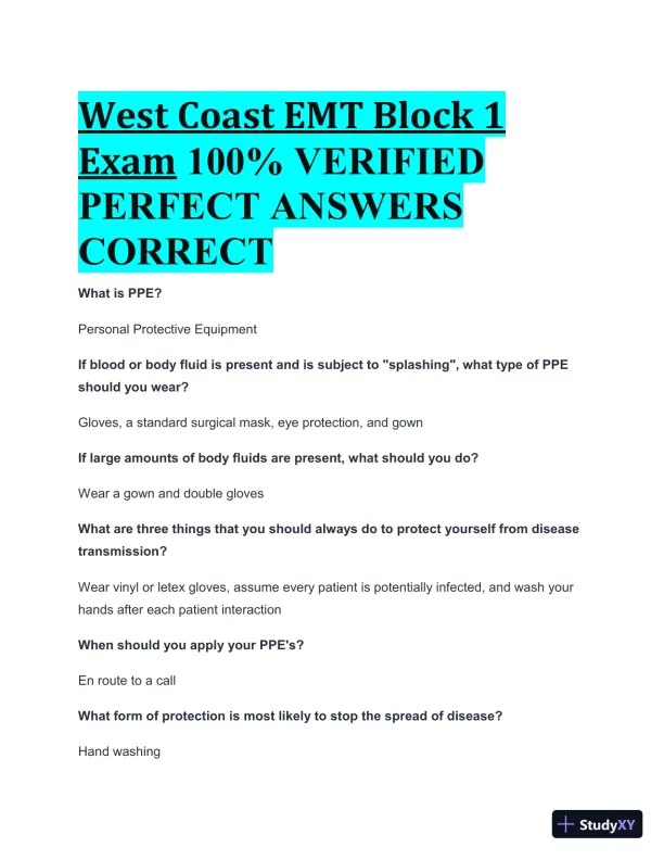 West Coast EMT Block 1 Practice Exam with Answers (190 Solved Questions) - Page 1 preview image