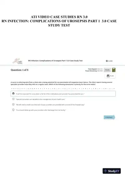 ATI RN Infection Complications Of Urosepsis Part 1 Case Study Test 3.0 With Answers (5 Solved Questions) - Page 1 preview image