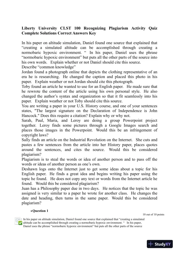 Liberty University CLST 100 Recognizing Plagiarism Activity Quiz Complete Solutions Correct Answers Key - Page 1 preview image
