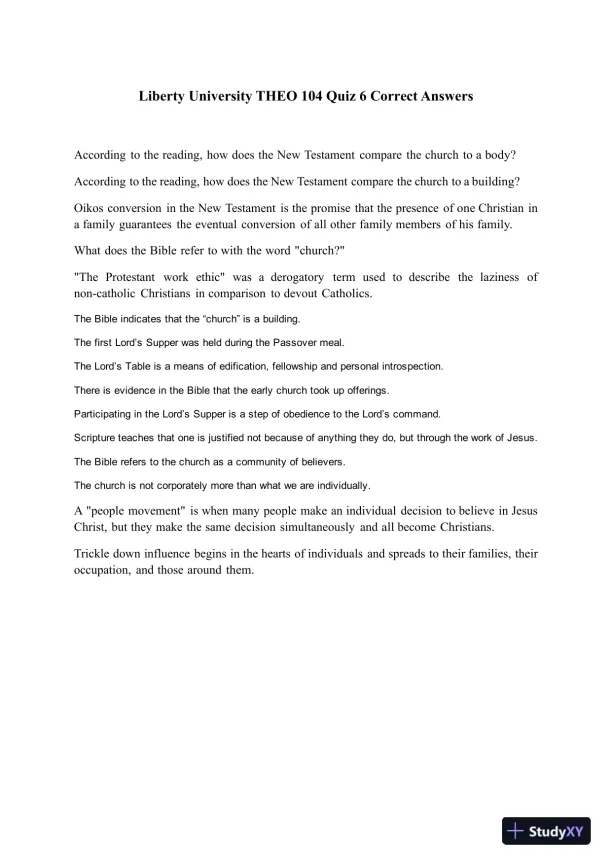 Liberty University THEO 104 Quiz 6 Correct Answers - Page 1 preview image