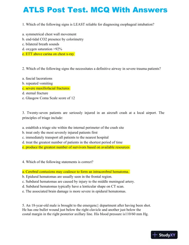 ATLS Nursing Diagnosis Post Test With Answers (40 Solved Questions) - Page 3 preview image