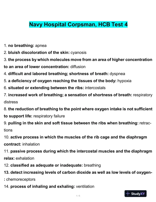 Navy Hospital Corpsman HCB Test 4 With Answers (80 Solved Questions) - Page 1 preview image