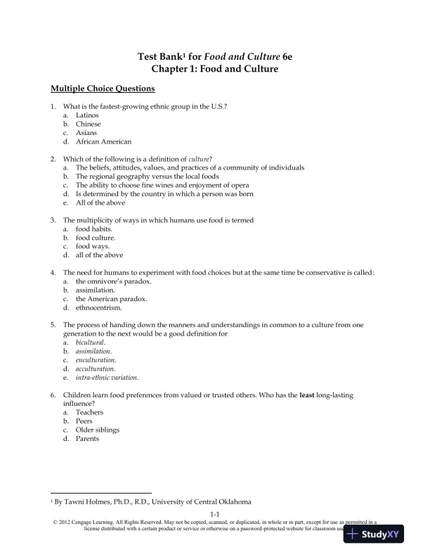 Food and Culture 6th Edition Test Bank - Page 1 preview image