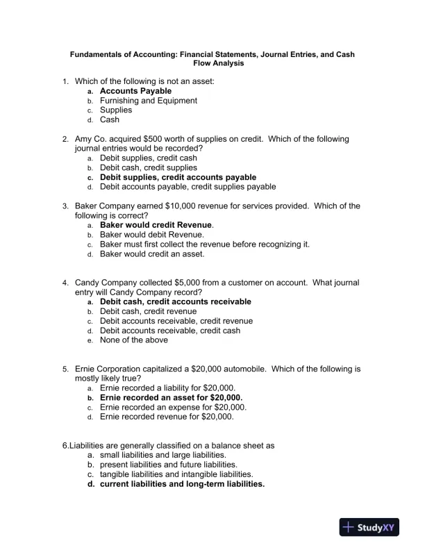 Fundamentals of Accounting: Financial Statements, Journal Entries, and Cash Flow Analysis - Page 1 preview image