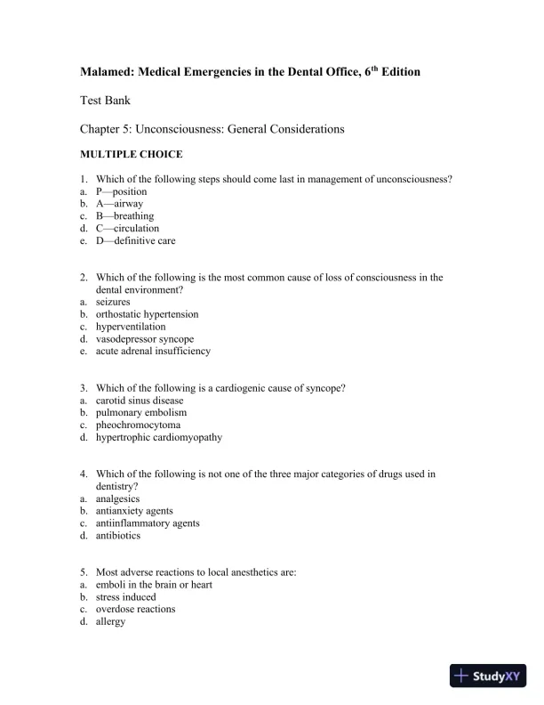 Medical Emergencies in the Dental Office 6th Edition Test Bank - Page 12 preview image