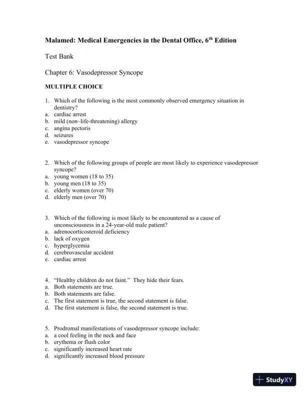 Medical Emergencies in the Dental Office 6th Edition Test Bank - Page 15 preview image