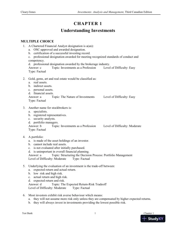 Investments : Analysis And Management, Third Canadian Edition Test Bank - Page 1 preview image